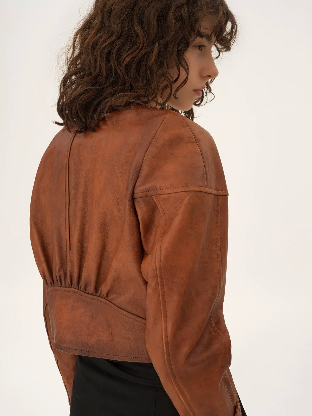 Cropped scoop-neck jacket in leather