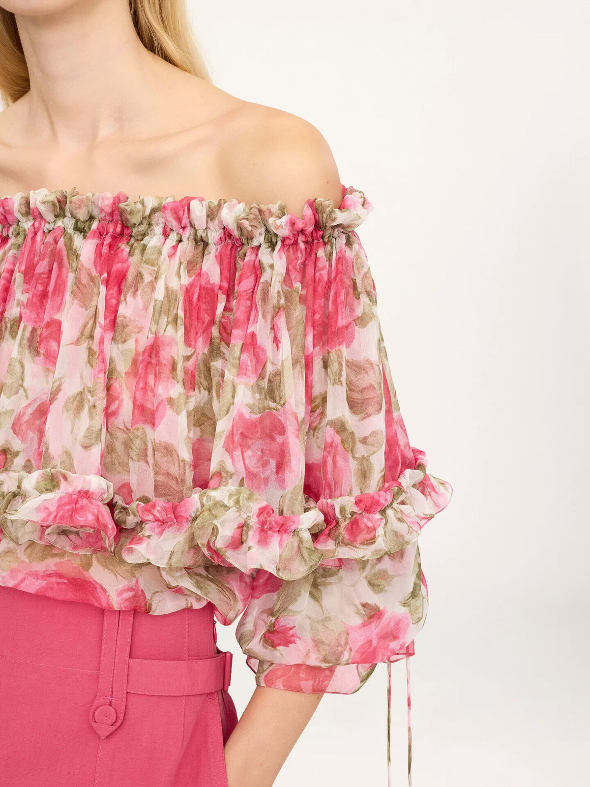 Off-the-shoulder puff-sleeve top in silk mousseline