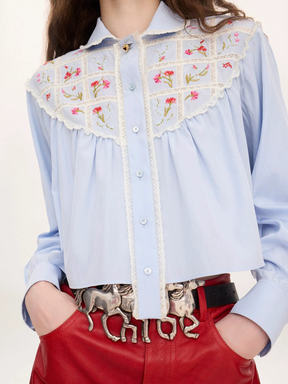 Cropped blouse in silk, cotton poplin & lace