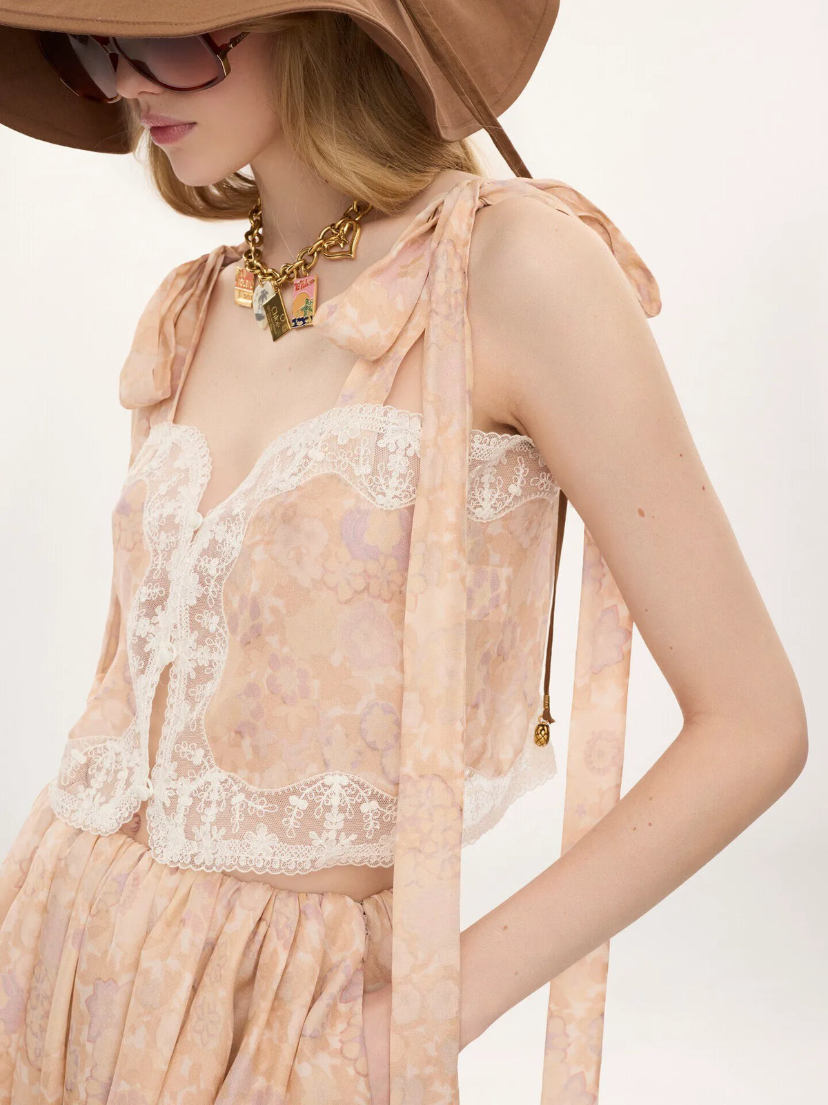Knotted-strap cropped top in silk charmeuse & lace