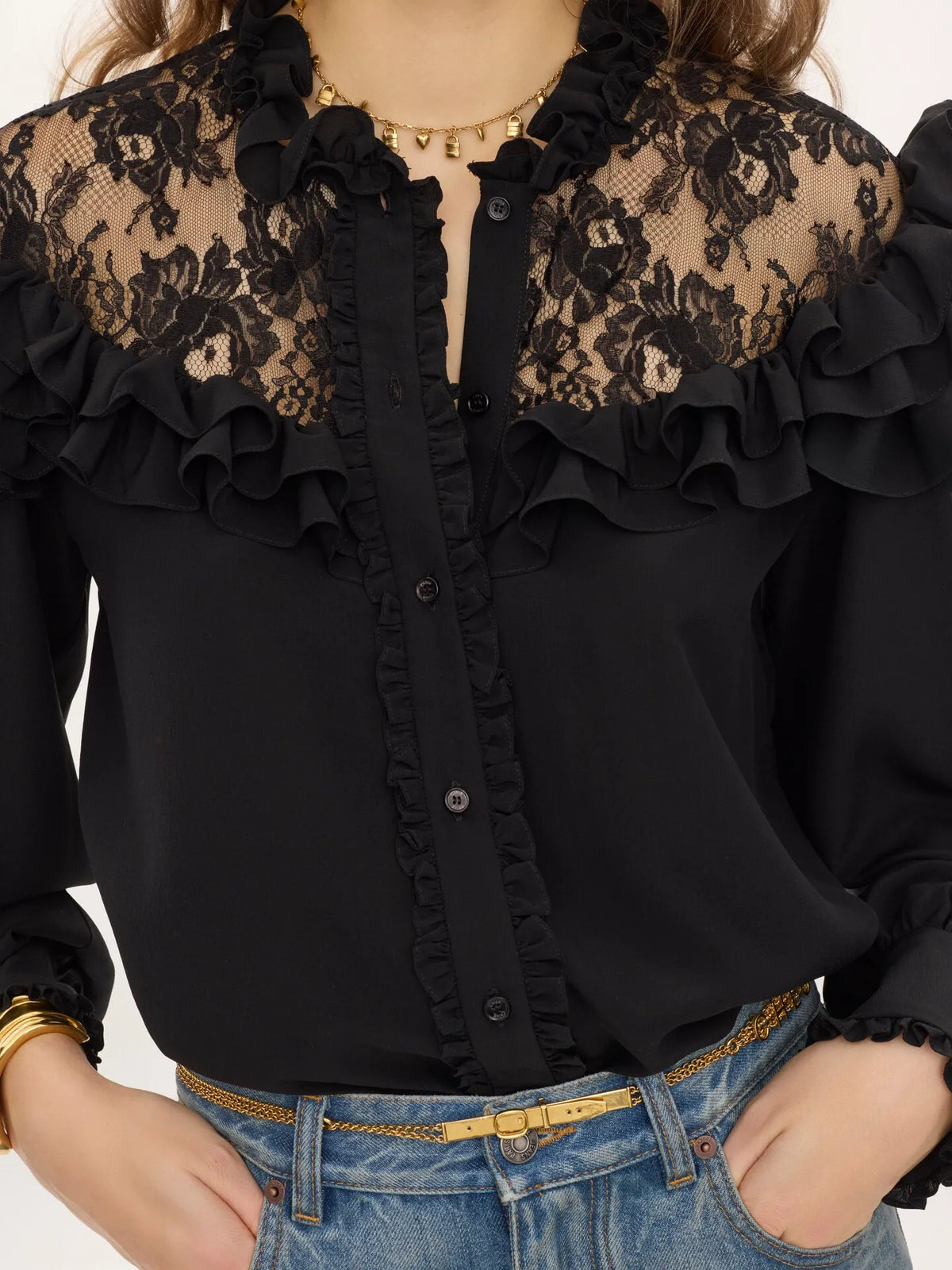 High-neck ruffled blouse in crêpe de chine & lace