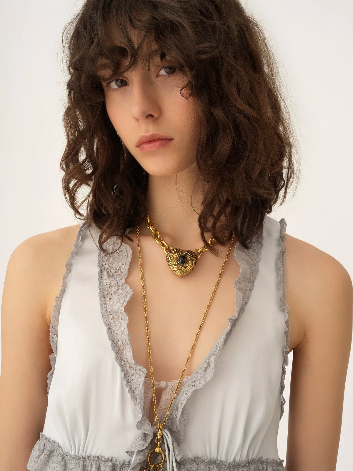Tie-front sleeveless top in washed silk satin & lace