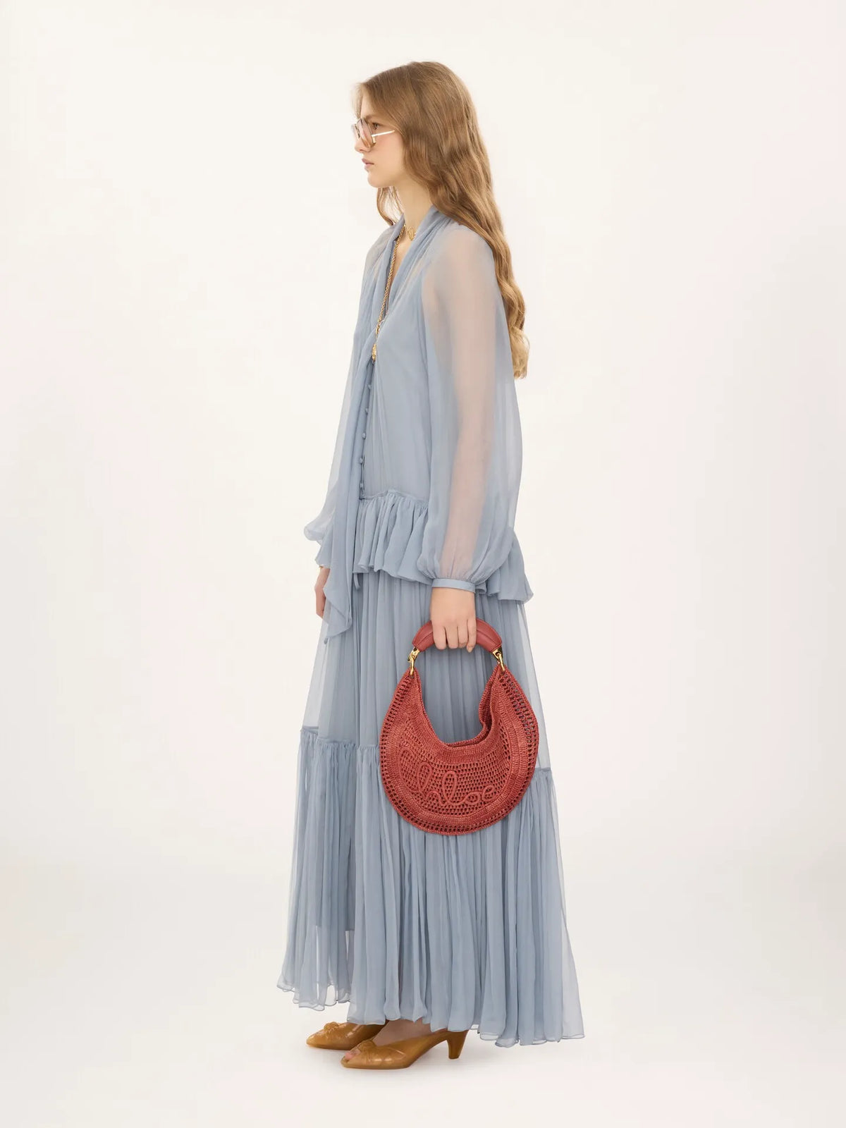 Fluid lavallière long dress in silk mousseline