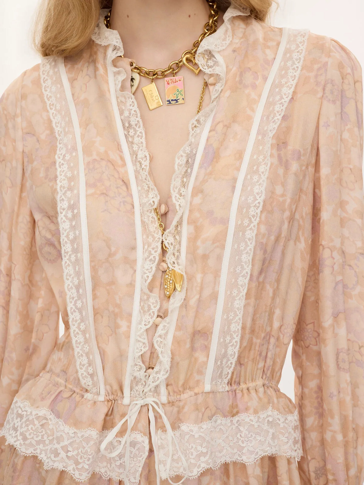 Puff-sleeve mini dress in silk charmeuse & lace