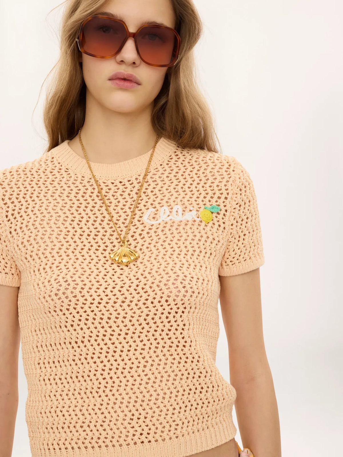 Short-sleeve logo sweater in crochet knit