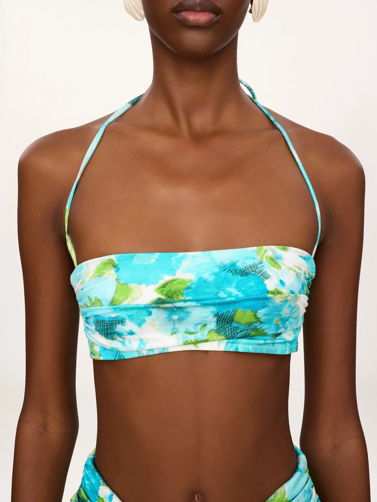 Aqua flower-print halterneck bikini top