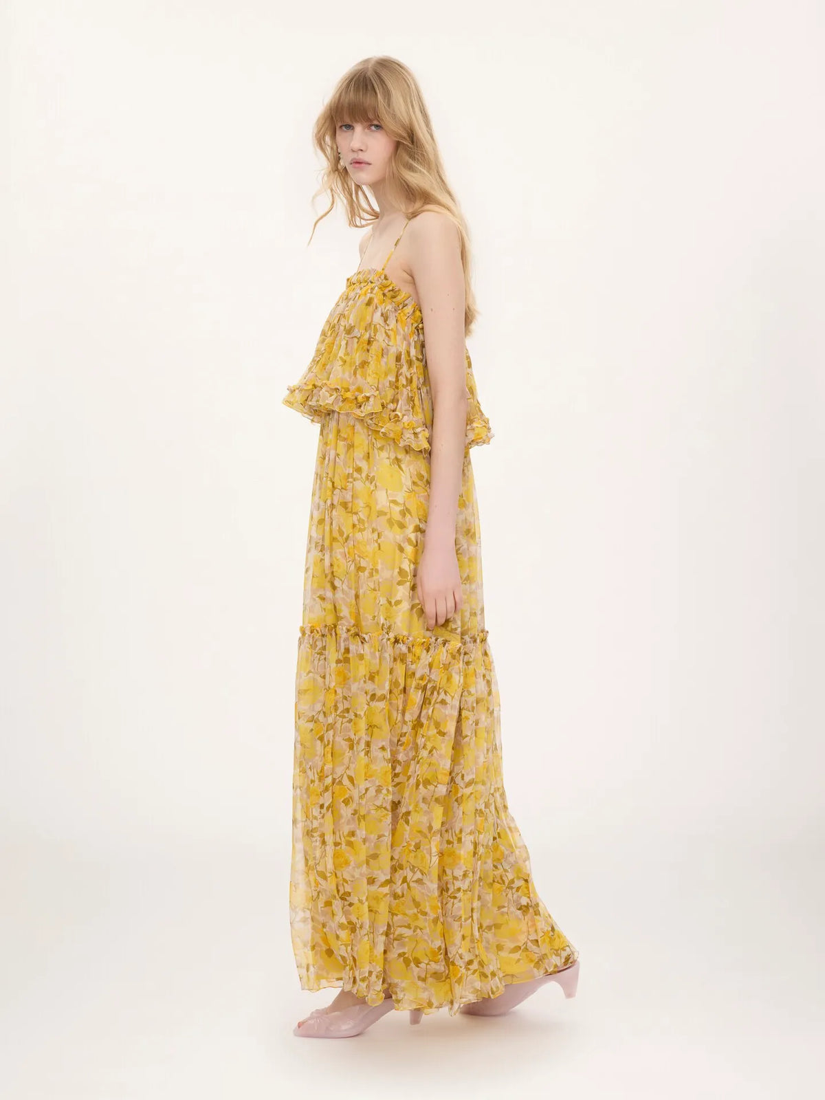 Thin-strap long dress in silk mousseline