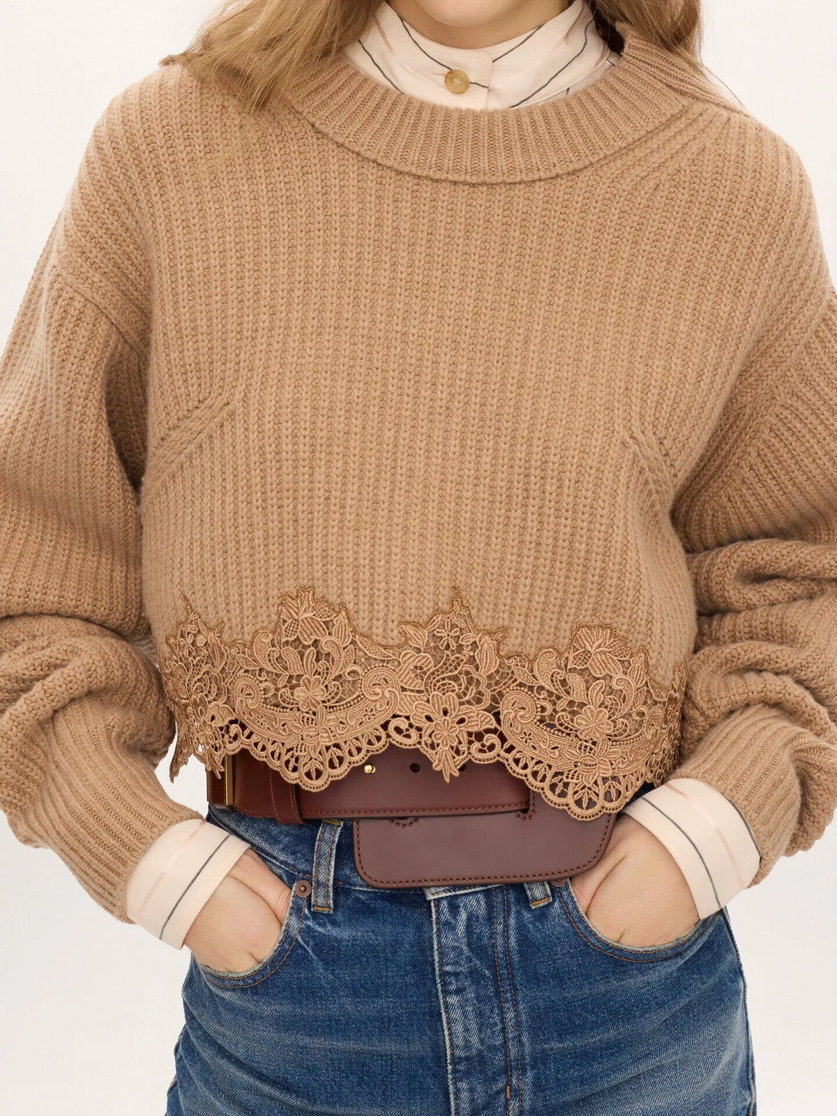 Cropped mock-neck sweater in a wool and cashmere knit & lace