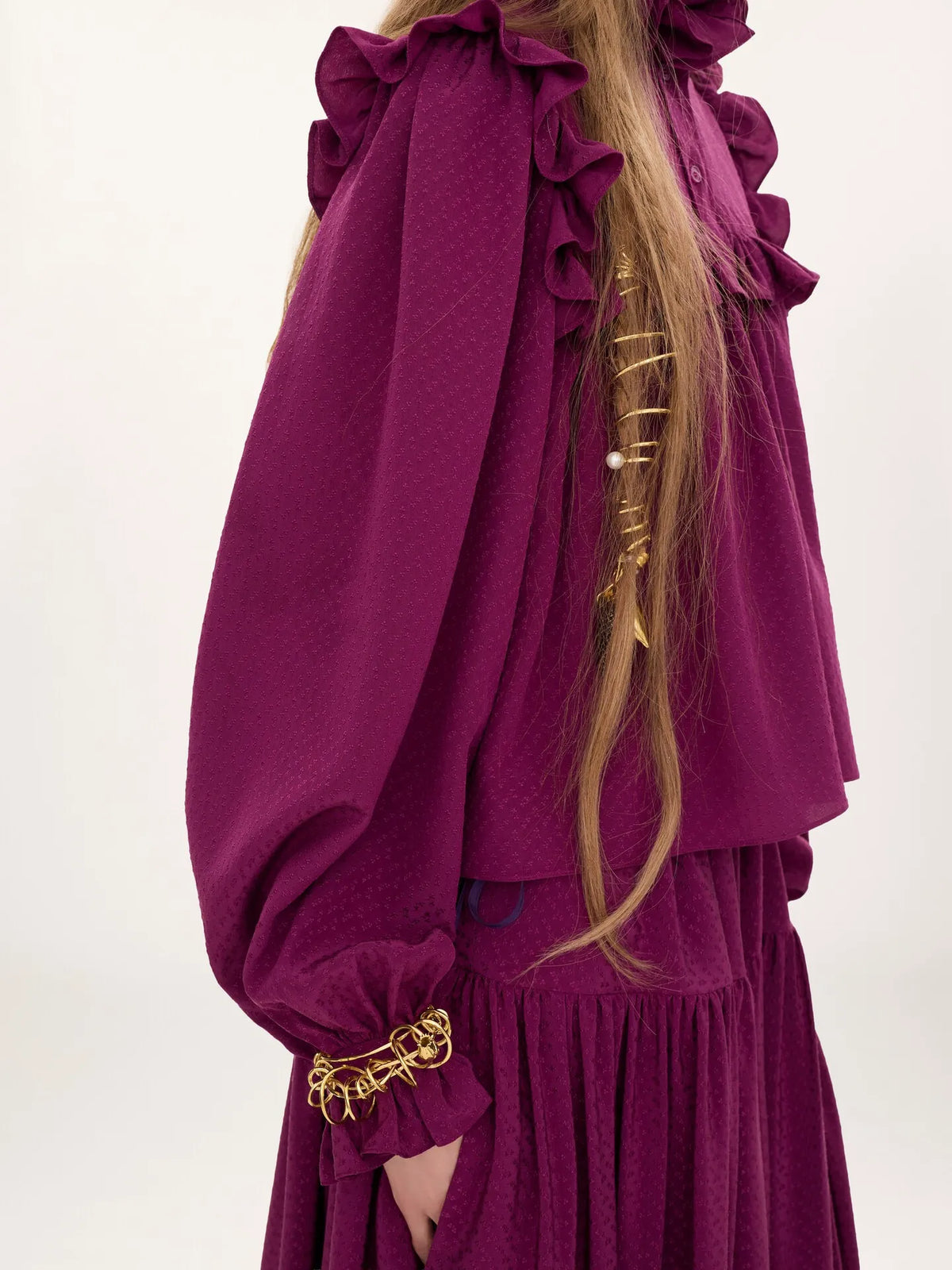 Ruffled high-neck top in silk jacquard