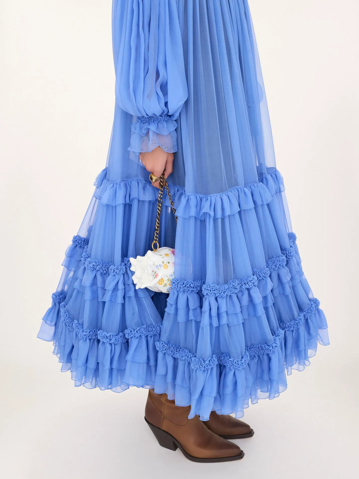 Off-the-shoulder long dress in silk mousseline
