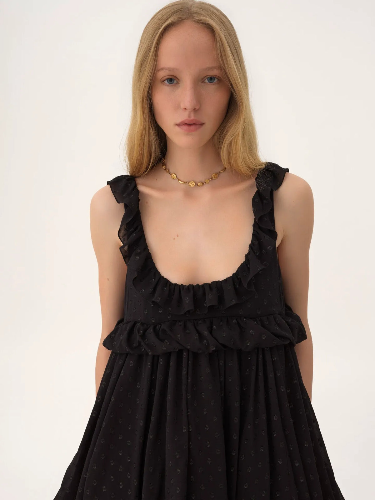 High-low sleeveless dress in silk georgette jacquard & lurex