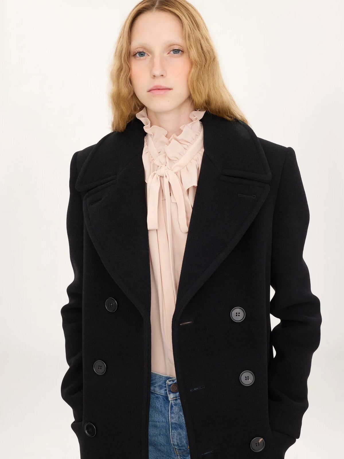 Long double-breasted coat in double-face wool