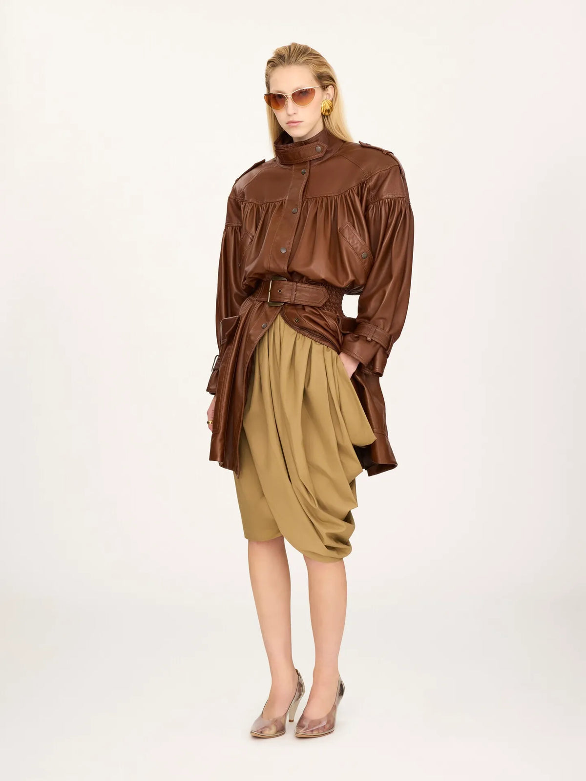 High-neck puff-sleeve coat in leather
