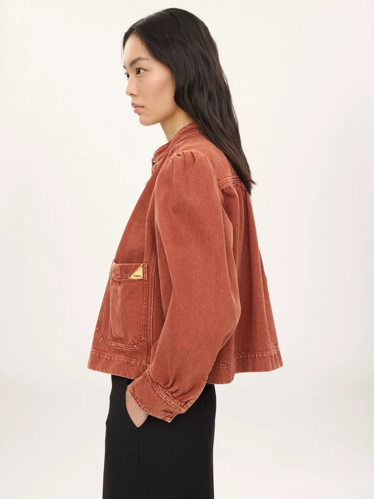 High-neck gathered jacket in denim