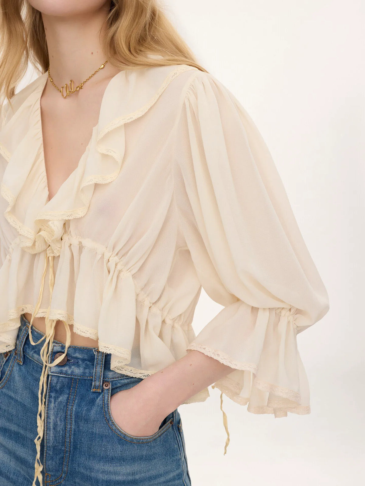 Cropped V-neck ruffle top in silk georgette & lace