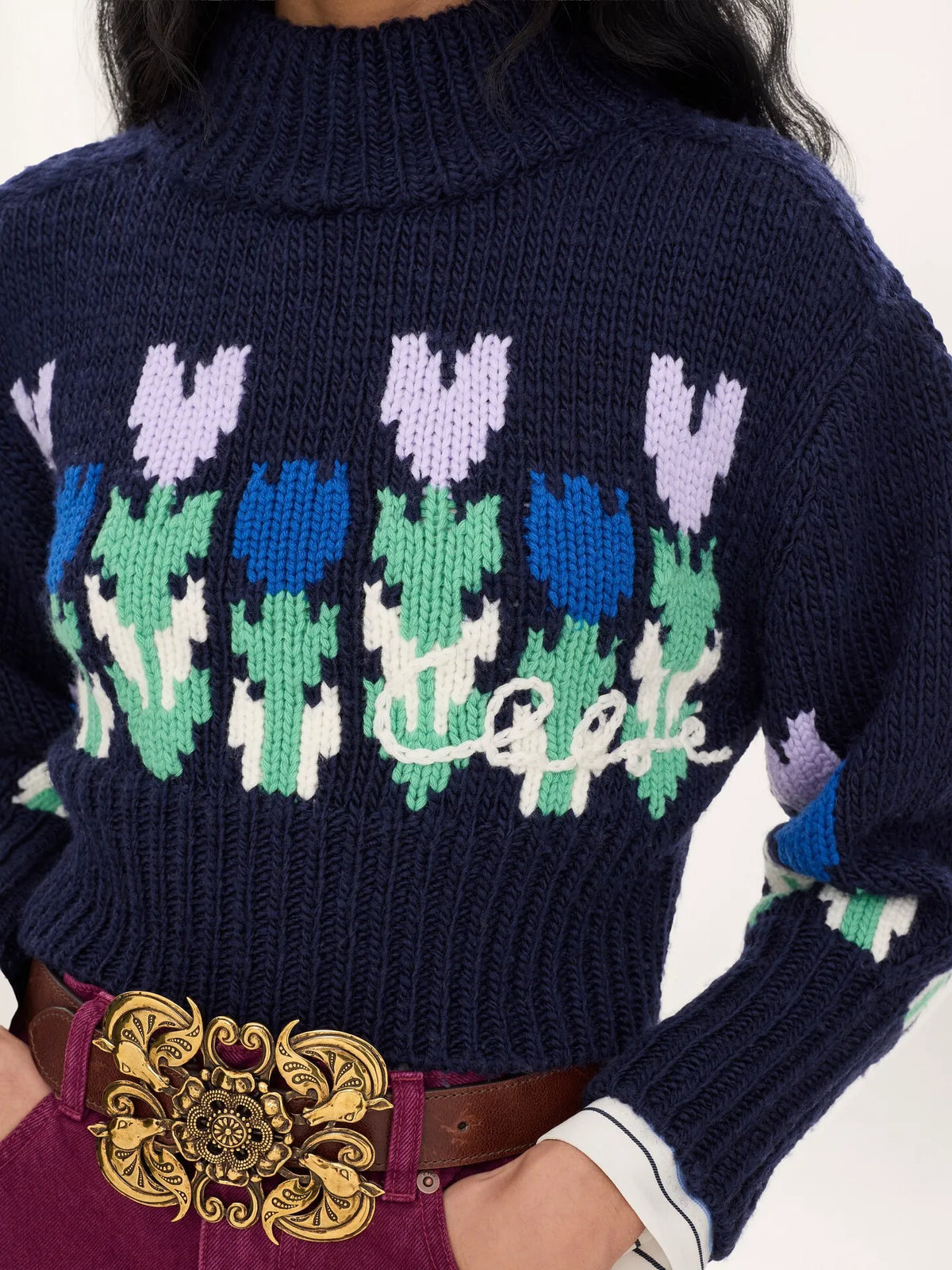 Cropped mock-neck logo sweater in a wool knit