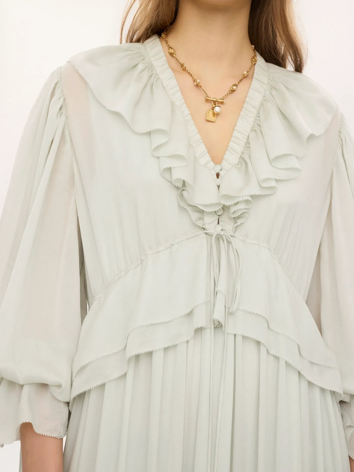 Gathered long dress in silk charmeuse