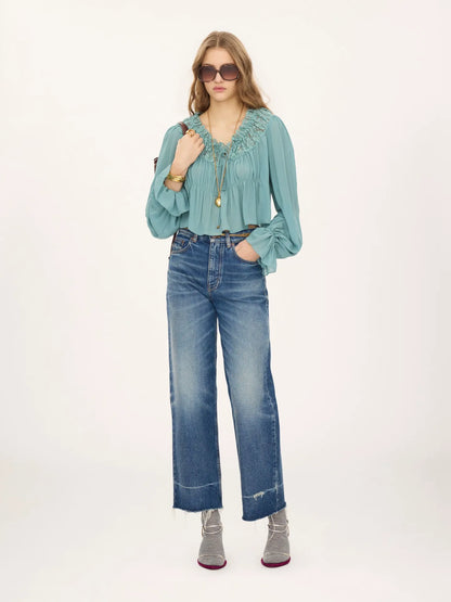 Scoop-neck cropped top in silk georgette & lace
