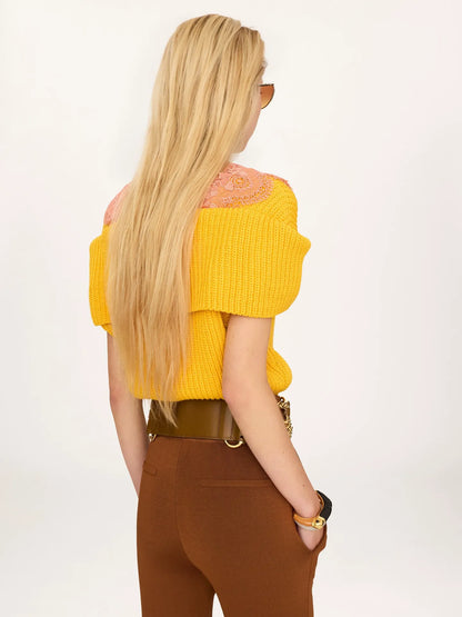 Cape cardigan in a cotton knit & lace