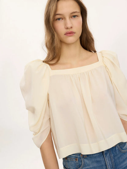 Puff-sleeve pleated top in crêpe de chine