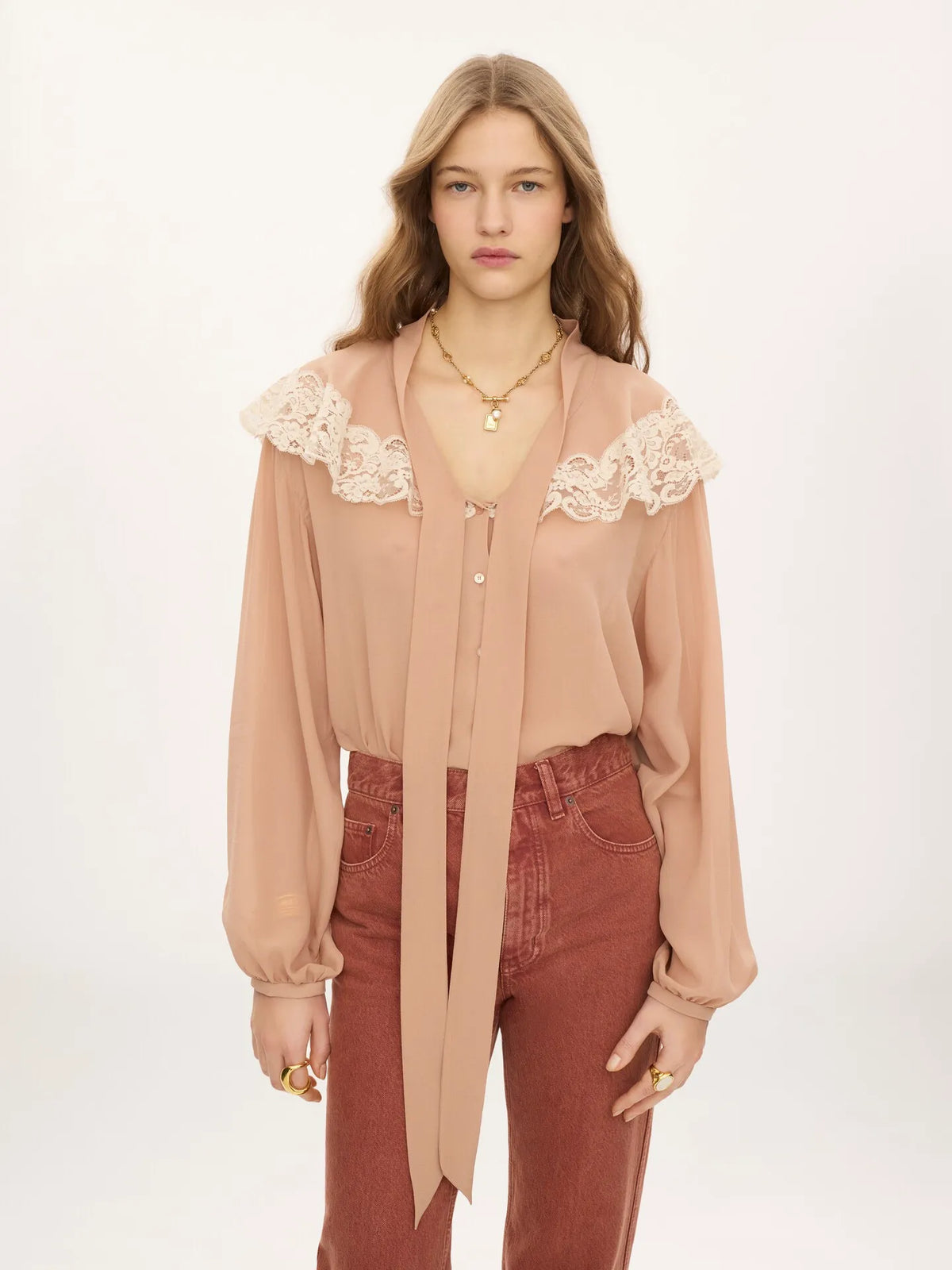 Tie-front gathered blouse in silk georgette & lace