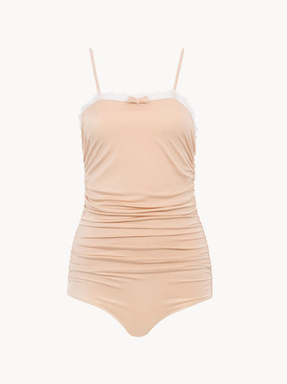 Lace-trimmed ruched bodysuit