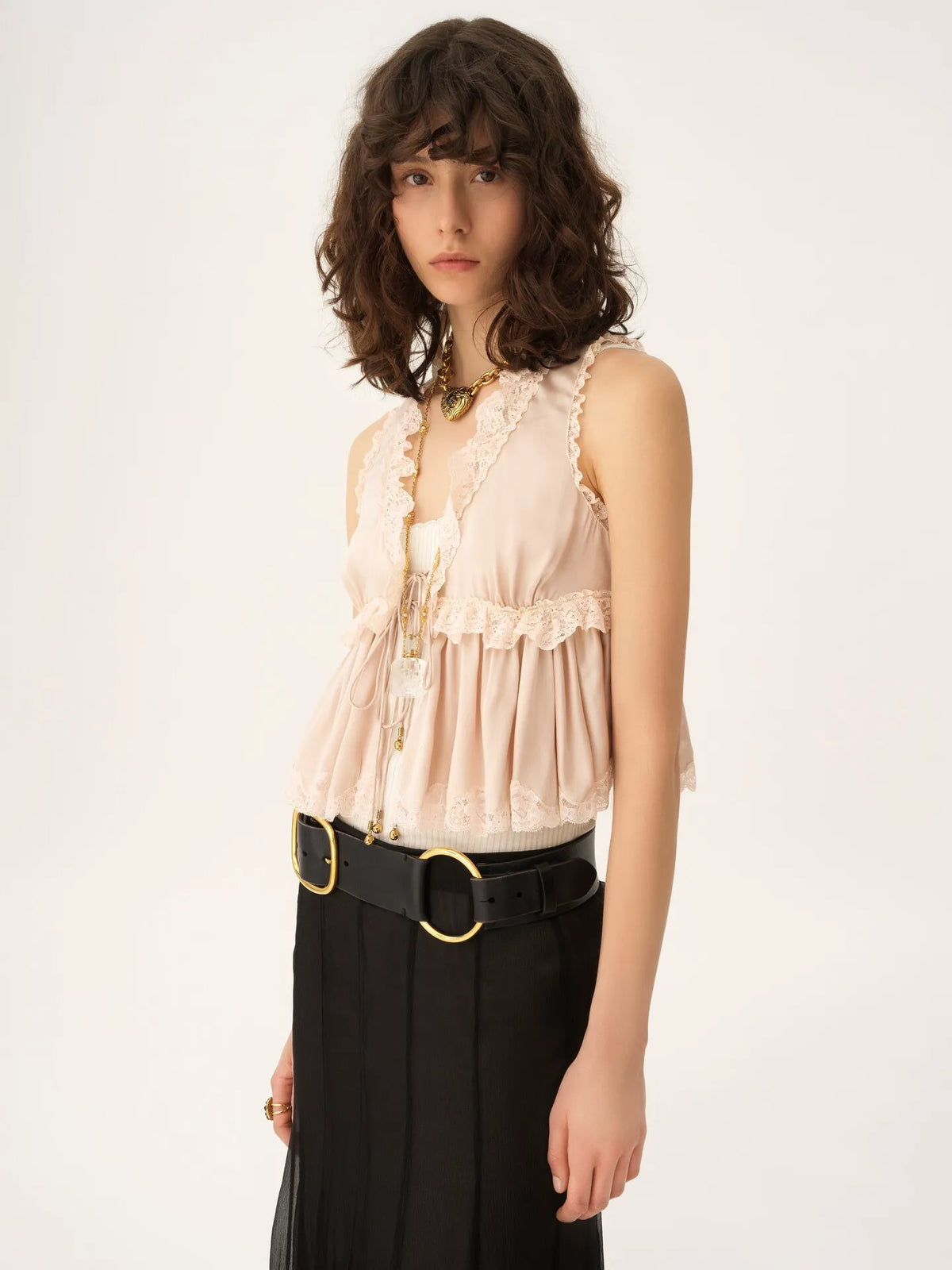 Tie-front sleeveless top in washed silk satin & lace
