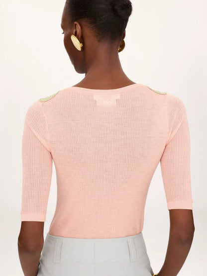 Elbow-sleeve fitted sweater in a wool knit & lace