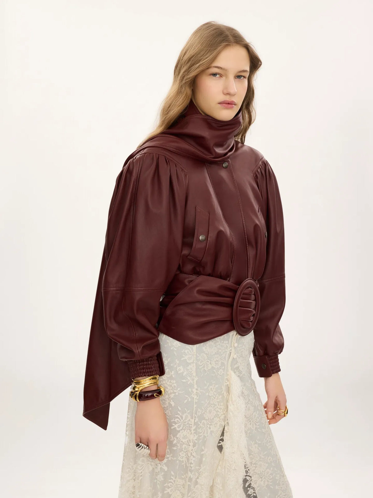 Cropped scarf jacket in leather
