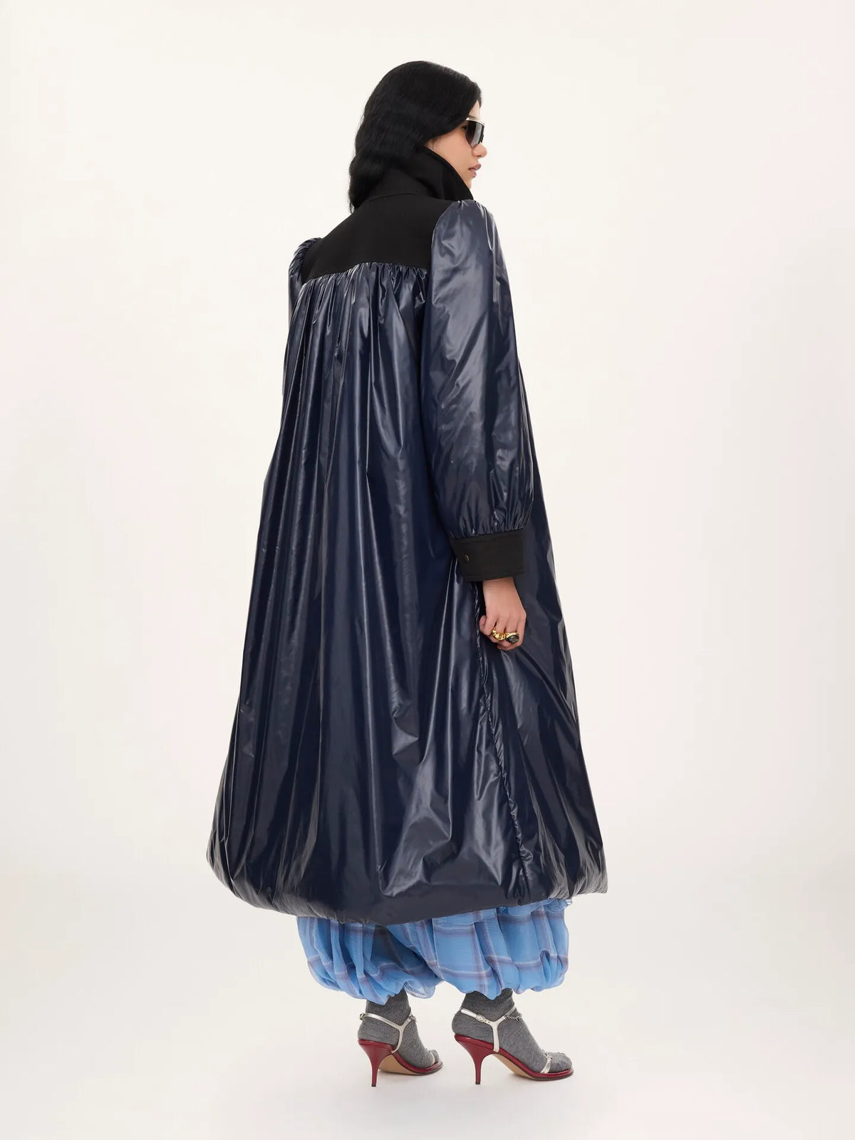 Long utilitarian coat in shiny nylon
