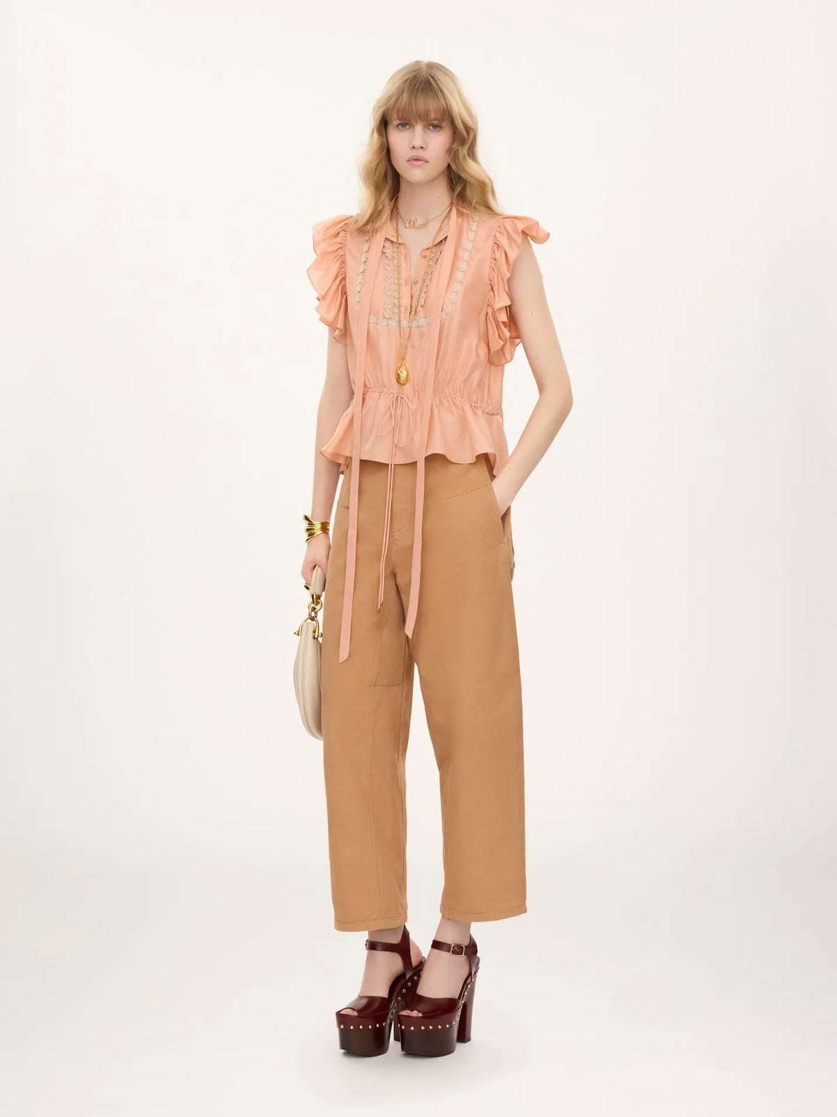 Short-sleeve ruffle top in washed silk habotai & lace