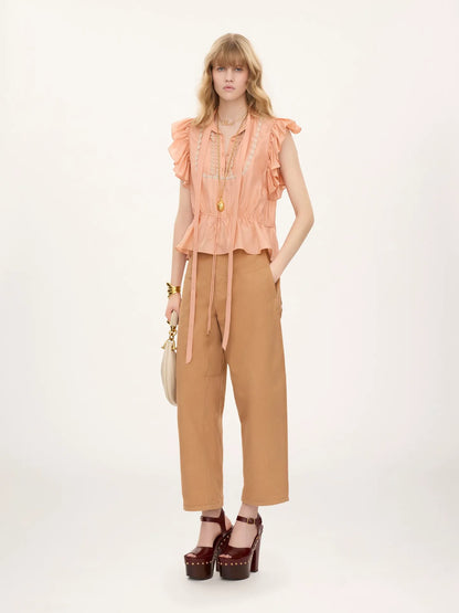 Short-sleeve ruffle top in washed silk habotai & lace