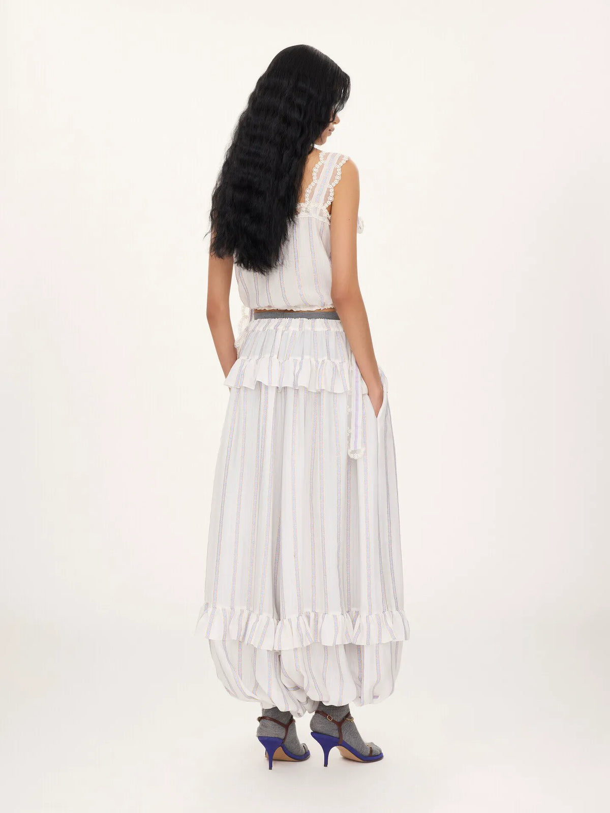 Fluid ruffled pants in silk lurex jacquard