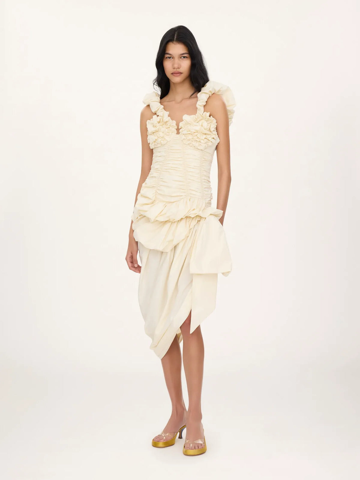 Ruched bustier midi dress in cotton poplin