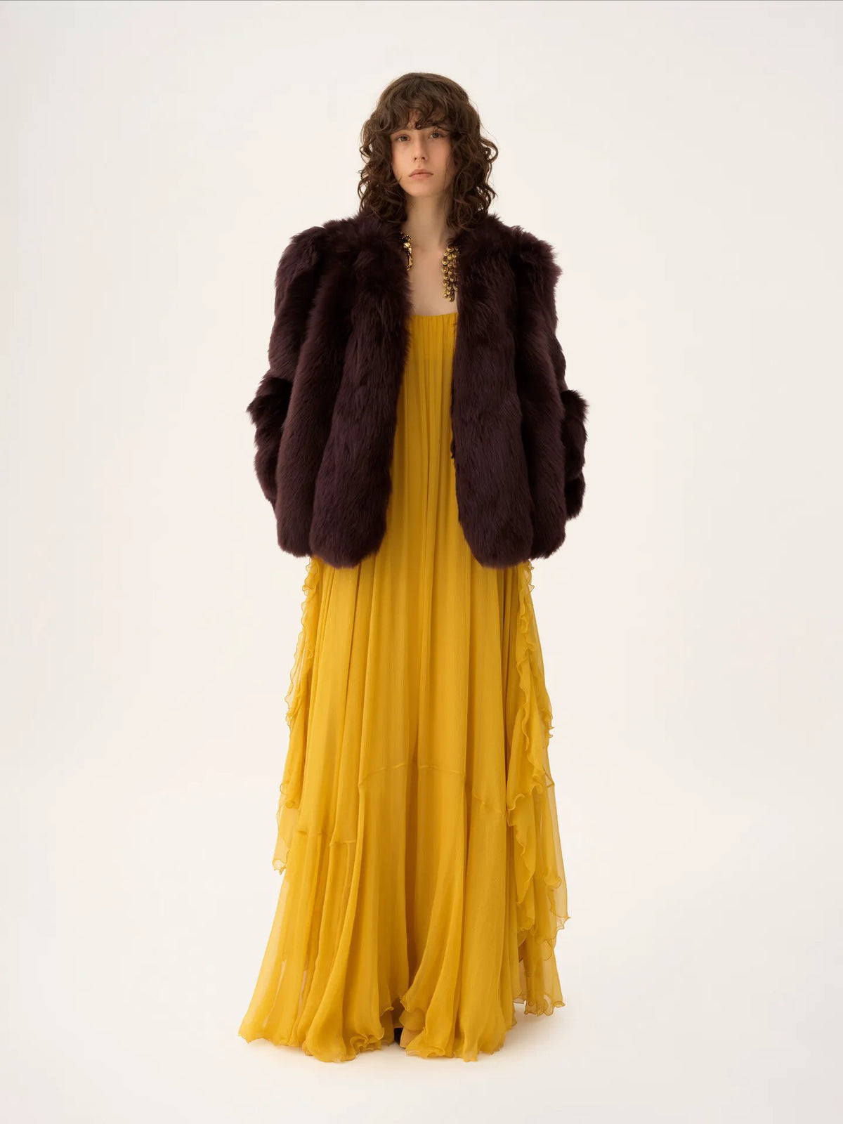 Sleeveless long dress in silk mousseline