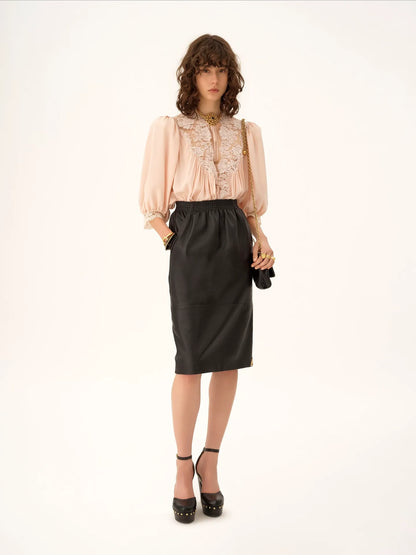 Fluid puff-sleeve top in crêpe de chine & lace
