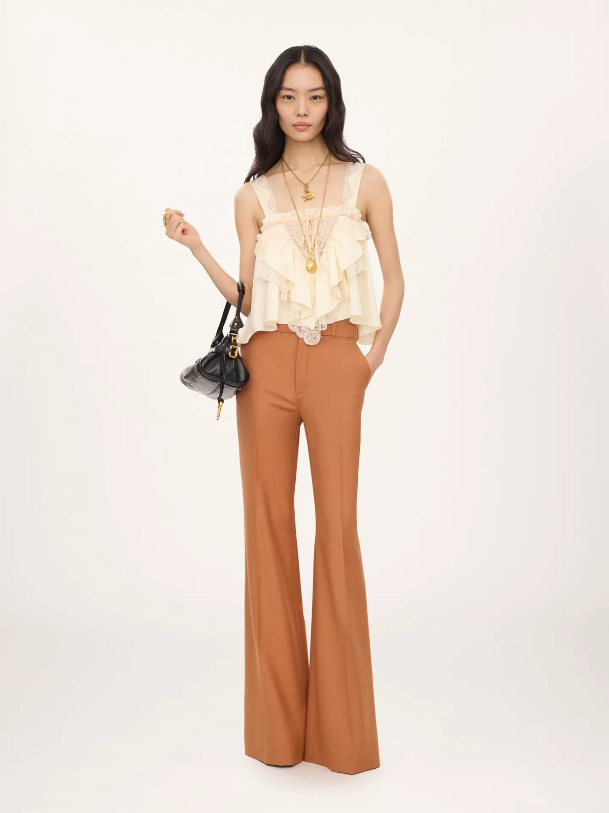 Sleeveless ruffle top in washed silk satin & lace