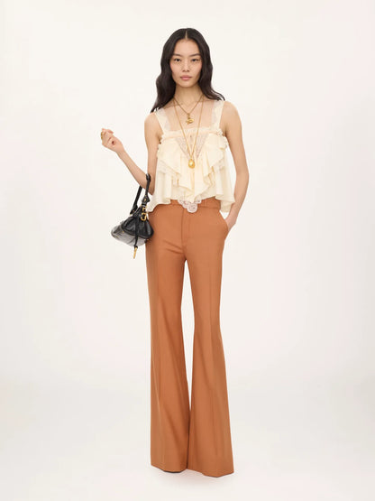 Sleeveless ruffle top in washed silk satin & lace