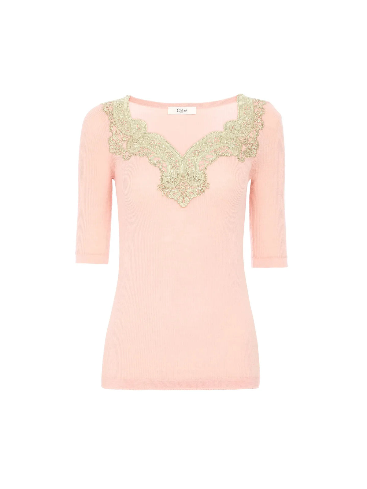 Elbow-sleeve fitted sweater in a wool knit & lace