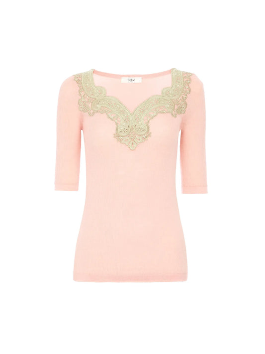 Elbow-sleeve fitted sweater in a wool knit & lace