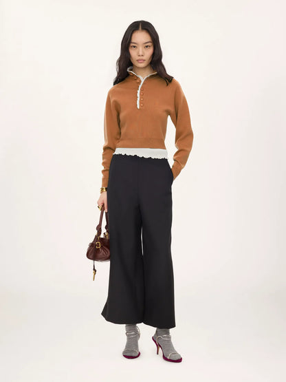 High-neck sweater in a wool knit & lace