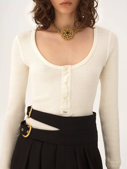 Scoop-neck Henley shirt in cotton jersey