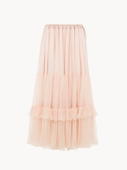Ruffled long skirt in silk mousseline