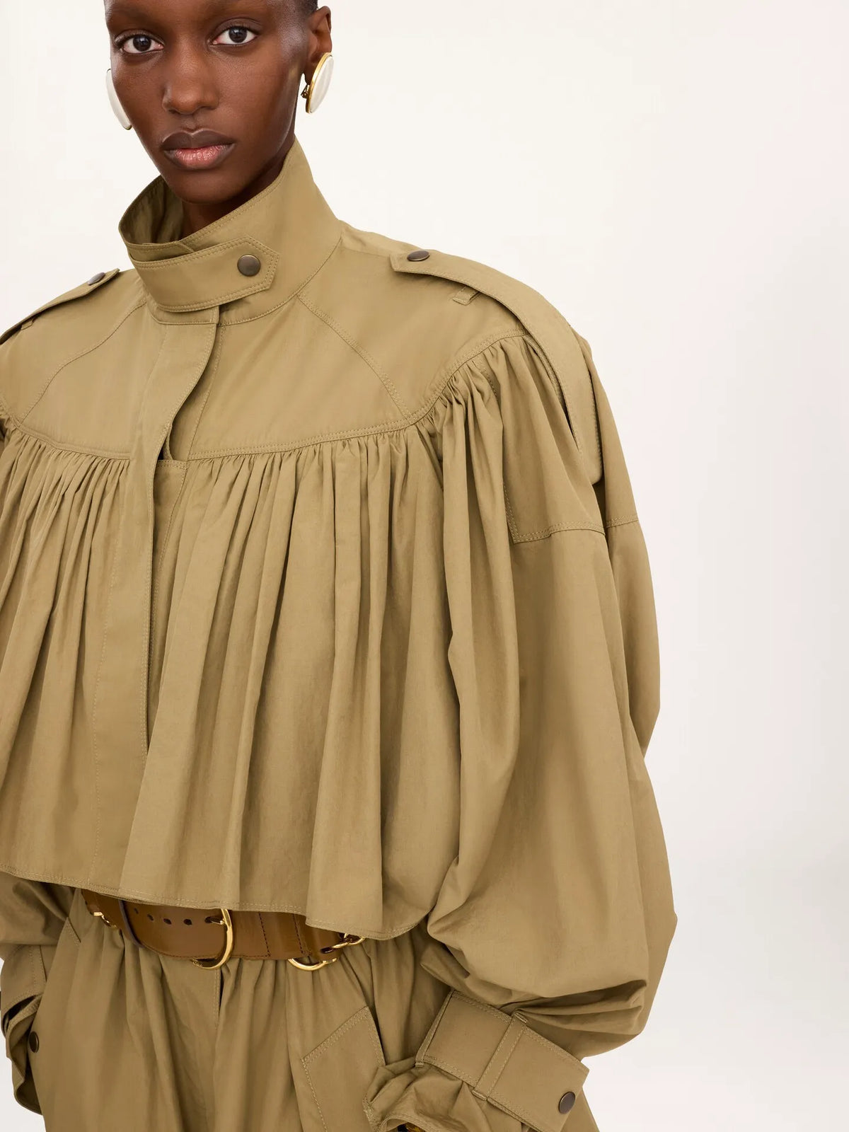 High-neck short trench coat in cotton poplin