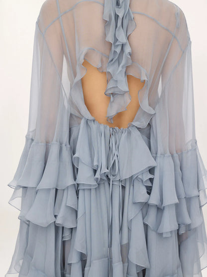 Ruffled mini dress in silk mousseline