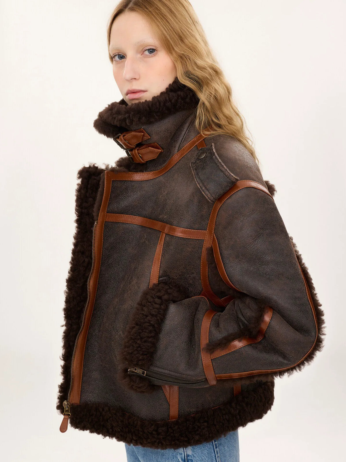 High-neck jacket in shearling