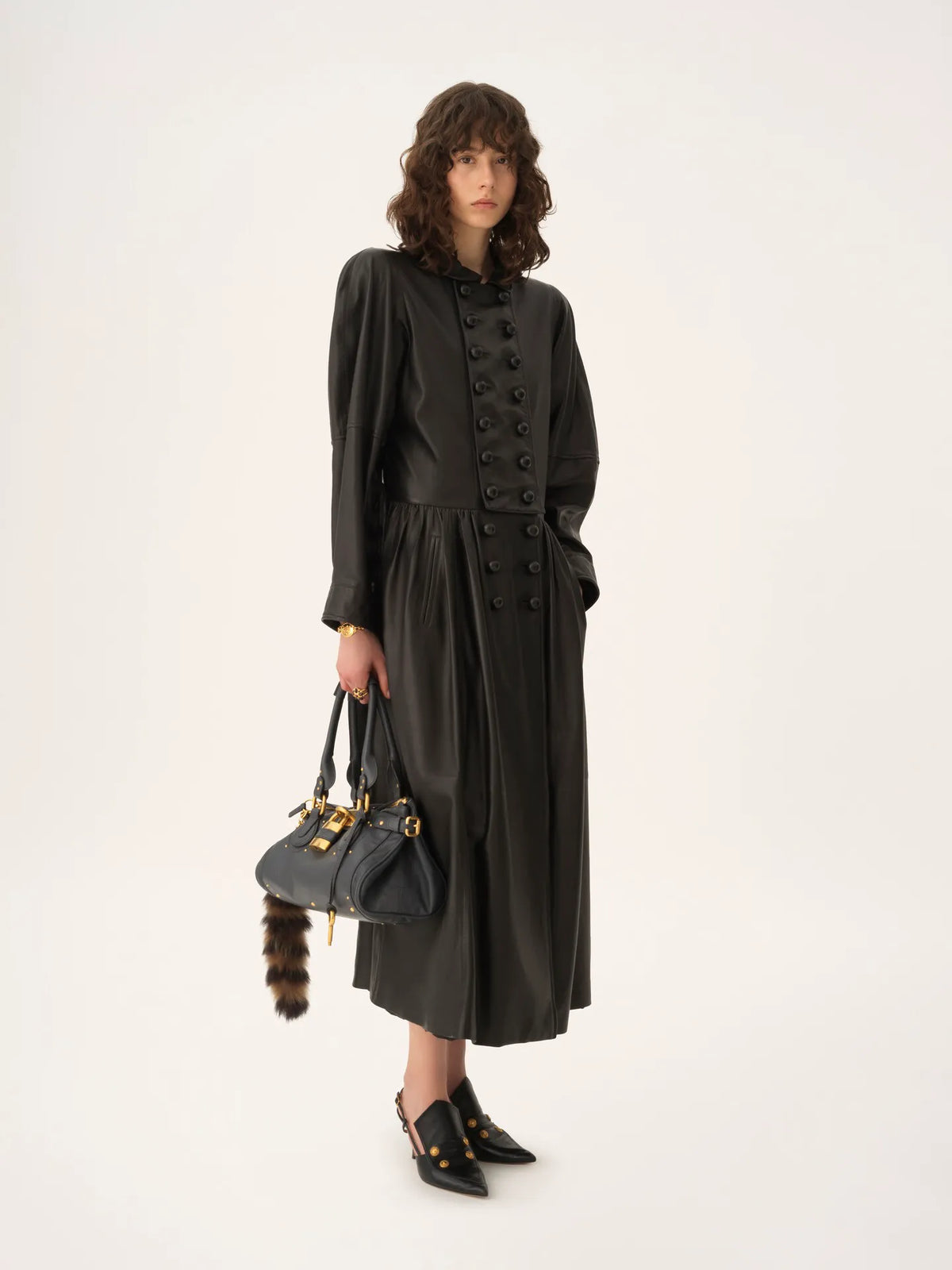 Oversized long riding coat in leather