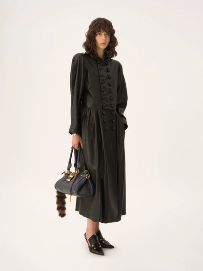 Oversized long riding coat in leather