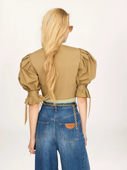 Puff-sleeve cropped top in cotton poplin