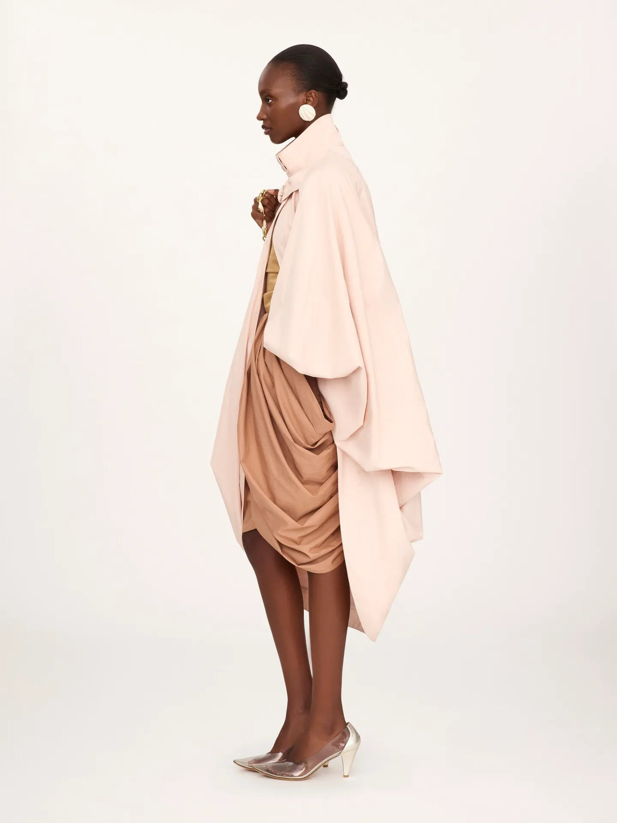High-neck oversized cape coat in cotton poplin